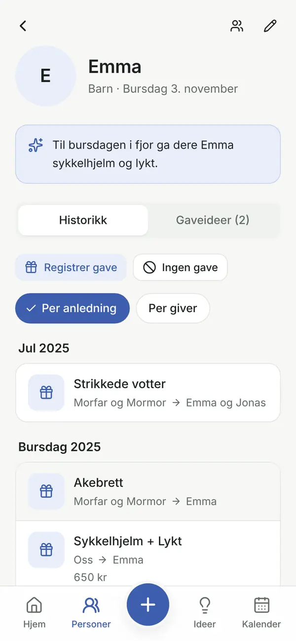 Emmas side i Gaveglimt med gavehistorikk per anledning: strikkede votter fra morfar og mormor til jul, akebrett og sykkelhjelm til bursdagen.