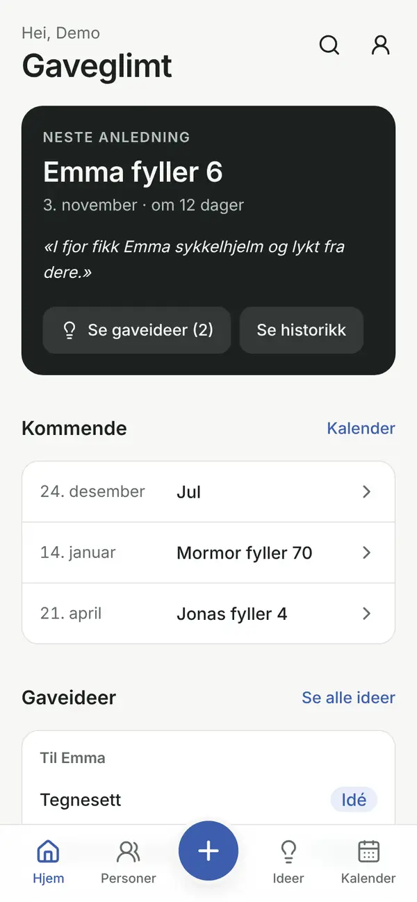 Forsiden i Gaveglimt: neste anledning er Emmas 6-årsdag, med en påminnelse om hva hun fikk i fjor, kommende anledninger og gaveideer.